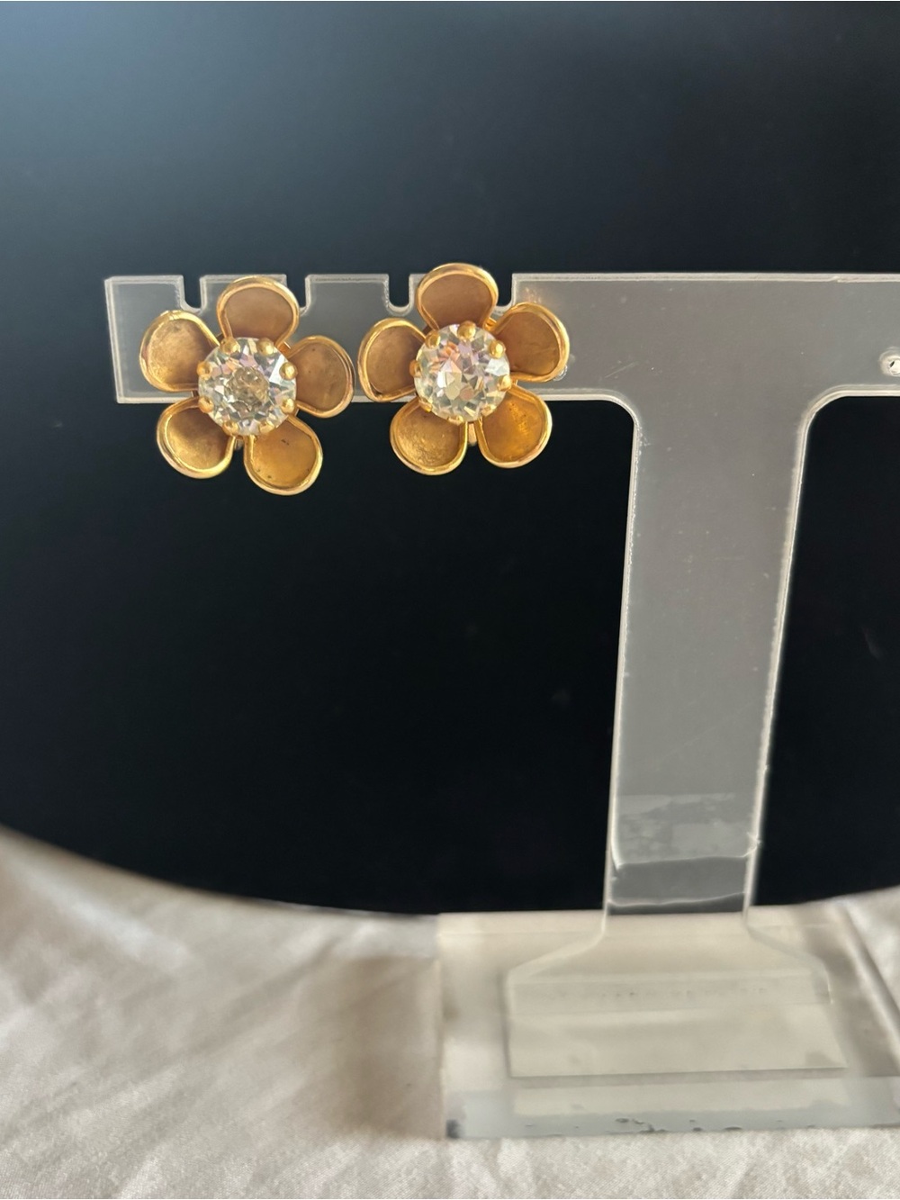 Vintage Gold-Tone Flower with Crystal Center Screw Back Earrings